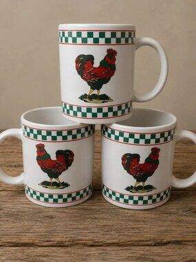 Vintage Farmhouse Rooster Mugs Set of 3 Green Checkerboard Coffee Cups
